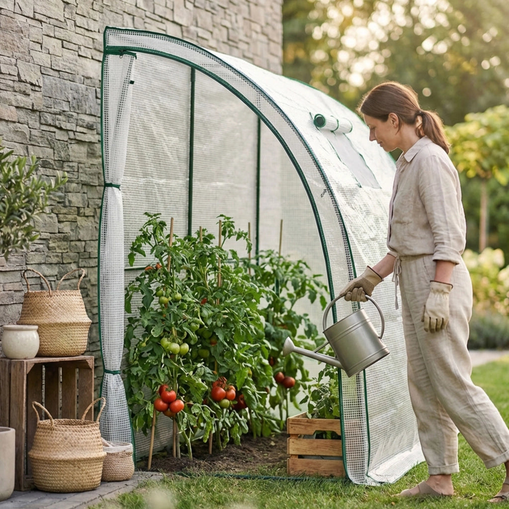 Serra da giardino addossata con struttura in metallo e telo in PE 1 porta 1 finestra Bianco 100x200x210 cm