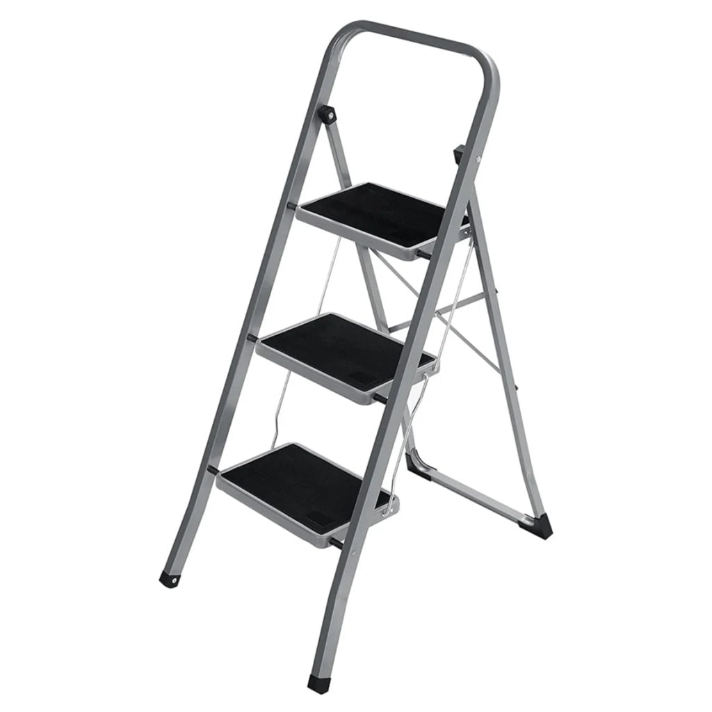Scala domestica pieghevole a 3 gradini larghezza gradini 20 cm superficie antiscivolo con corrimano portata 150 kg acciaio grigio 12_0005324