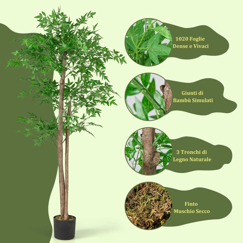 Albero di Bamboo Artificiale 150 CM, Pianta di Bamboo Finta con 1020 Foglie, Tronco in Legno Naturale, Muschio Secco Realistico, Albero Finto Alto da Interno per Casa, Ufficio e Soggiorno