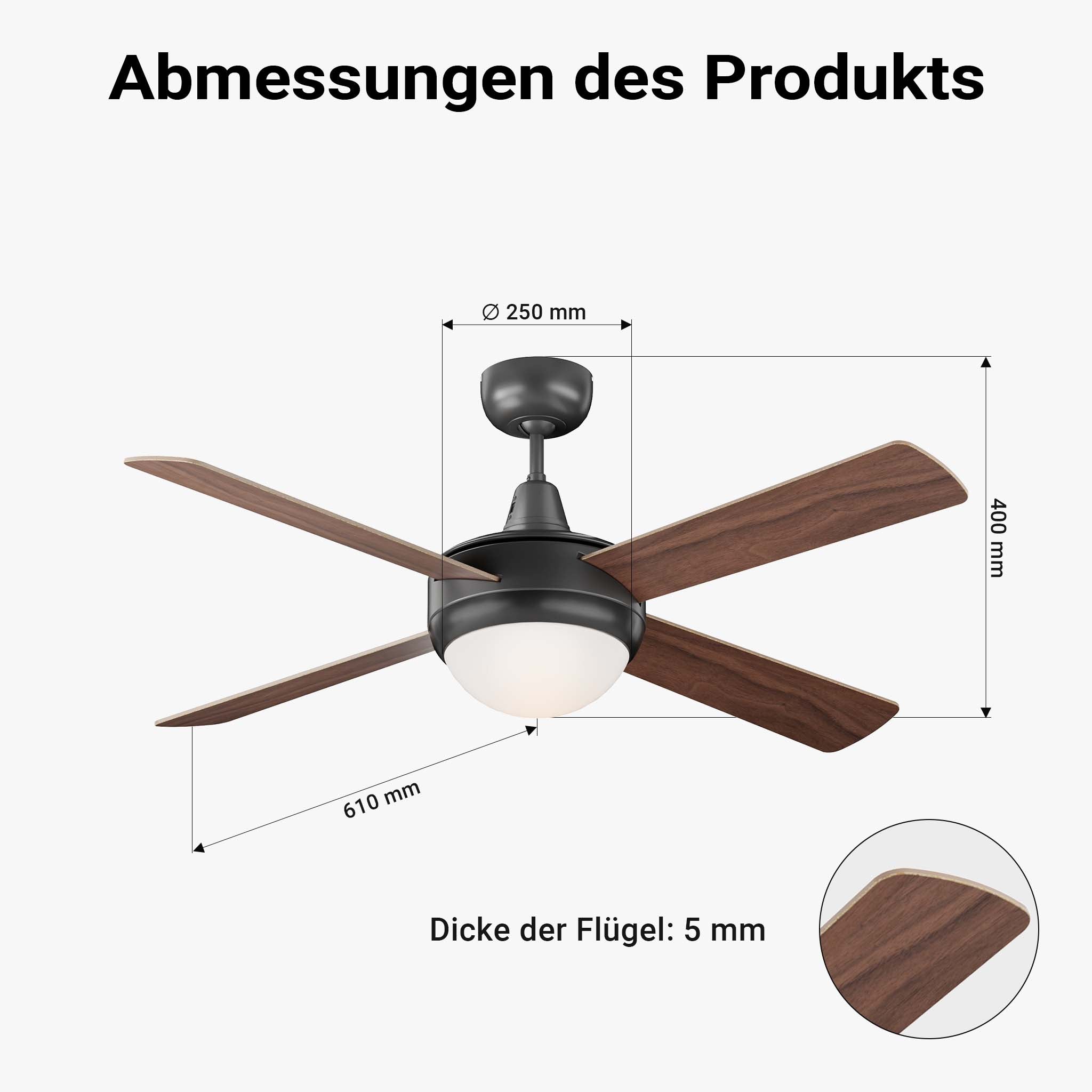 Ventilatore da soffitto Ø 122 cm con 4 pale, lampadario ventilatore con 3 velocità, telecomando, timer, modalità estiva e invernale, 53 W