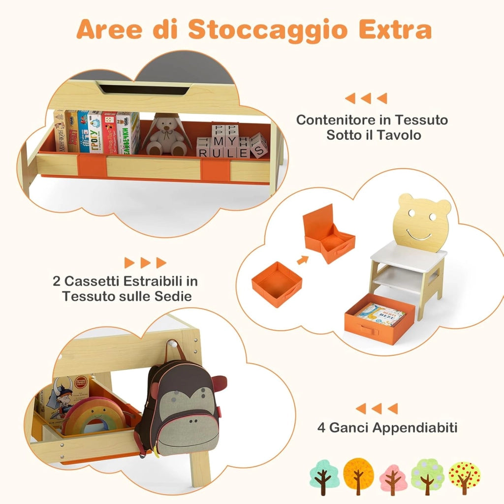 Set Tavolo e 2 Sedie per Bambini, 5 in 1 Tavolino e Sedie con 4 Ganci, 3 Scatole in Tessuto e Lavagna Reversibile per Bambini 3+ Anni per Cameretta Ragazzi (Naturale, Stile 4)