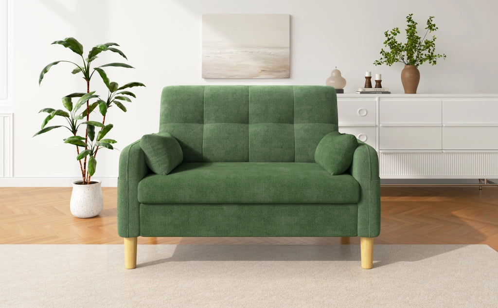 Divano a 2 posti in ciniglia con cuscini e tasca laterale, schienale alto e comfort per piccoli spazi, verde 119 × 78 × 85 cm