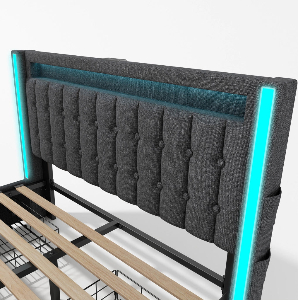 Letto matrimoniale 160x200 cm con 4 cassetti; USB; Type-C e LED; lino grigio