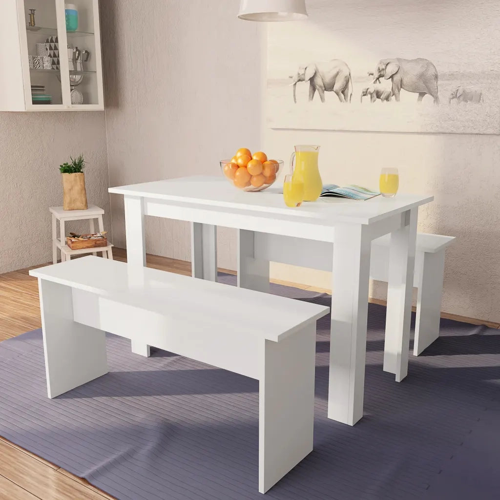 Tavolo da Pranzo e Panche 3 pz in Legno Multistrato Bianco CFW9119911