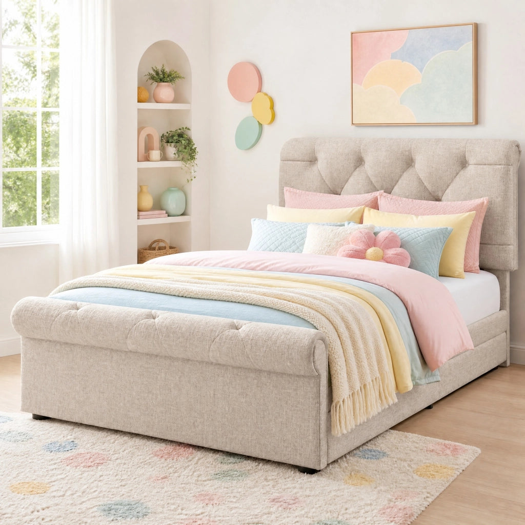 Letto singolo imbottito 90x200 cm con materasso, 2 cassetti, testiera regolabile, colore naturale