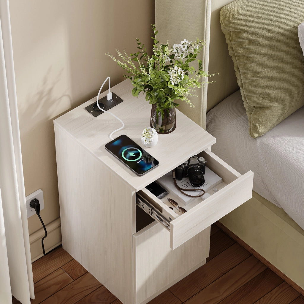 Comodino con stazione di ricarica USB-A USB-C e presa AC, 1 cassetto, per camera, 33 × 40 × 61,5 cm