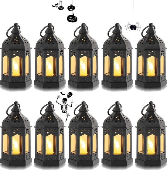 Set di 10 lanterne decorative Halloween nere con candele LED per decorazione esterna da tavolo, Ramadan, Natale, matrimonio, balcone.