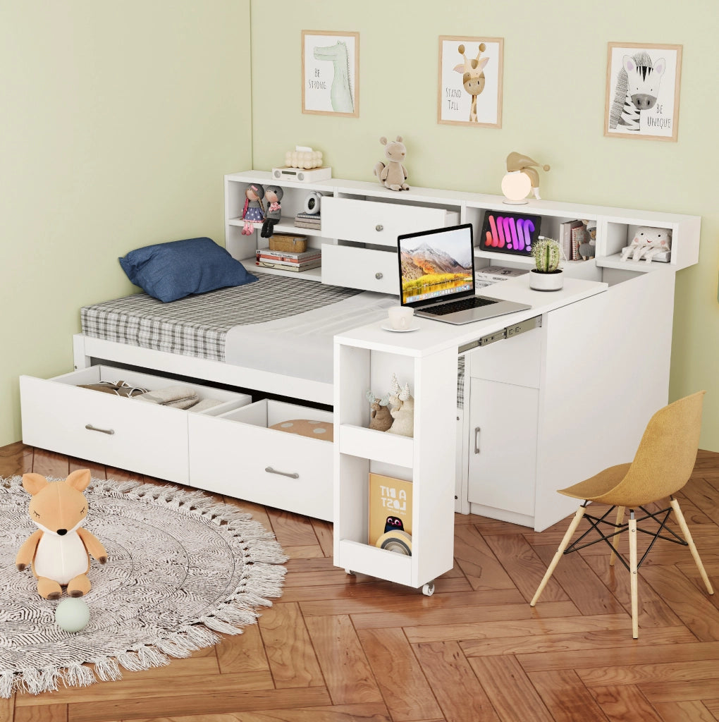 Letto singolo multifunzione 90x200 cm bianco con scrivania