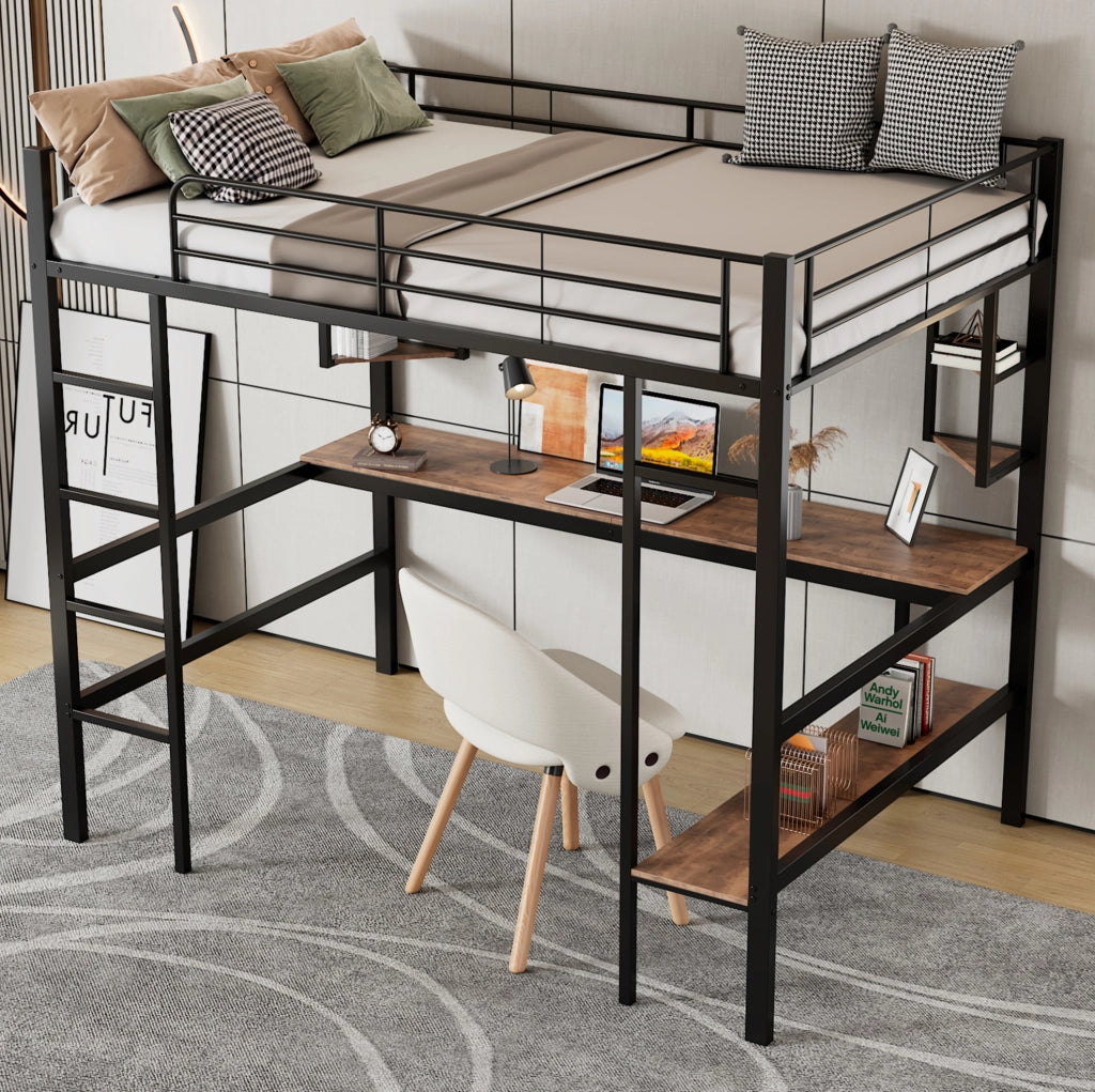 Letto a soppalco 90x200 cm con scrivania; libreria e ripiani; in metallo nero