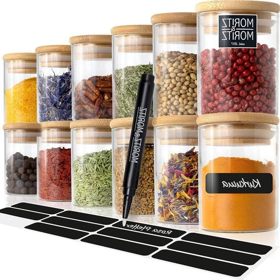 12 pezzi di 125 ml bocchette in vetro per erbe | inclusa etichetta da tavolo e matita | ermetiche con coperchio in bambù | per spezie, erbe e tè Bocchette per erbe