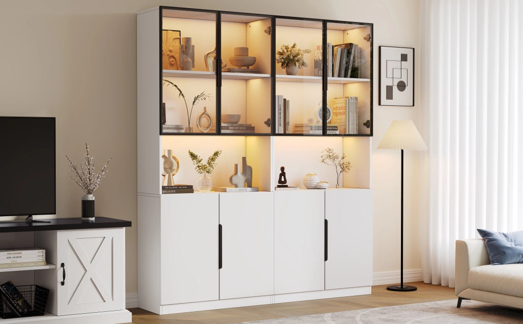 VETRINA con LED 160x30x200 cm Bianco in truciolare con ante in vetro