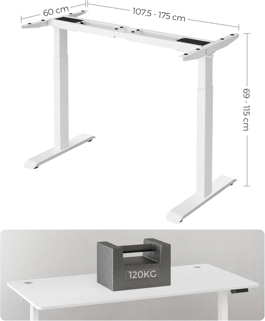 SONGMICS Supporto Scrivania Elettrico Regolabile in Altezza, Struttura Tavolo da Lavoro con Motore, senza Piano, con Ganci, Regolazione Continua, Funzione Memory, Acciaio, Bianco LSD019W01