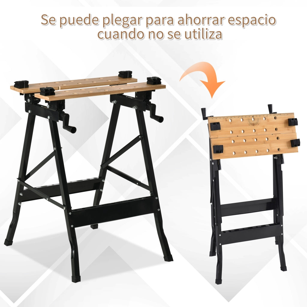 Banco da Lavoro Pieghevole Portatile con Ripiani Regolabili ¨C zephmum ¨C 63.5x60.5x78 cm Legno Naturale e Nero