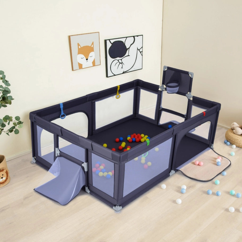 Area giochi sicura con canestro da basket e palline oceaniche-Recinto giochi grande per bambini Grigio scuro