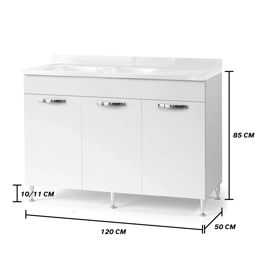 Sottolavello per cucina componibile da 120 cm con tre ante, con Lavello Vasca a Destra + Gocciolatoio, realizzata in legno 100% MADE IN ITALY colore Bianco Frassino