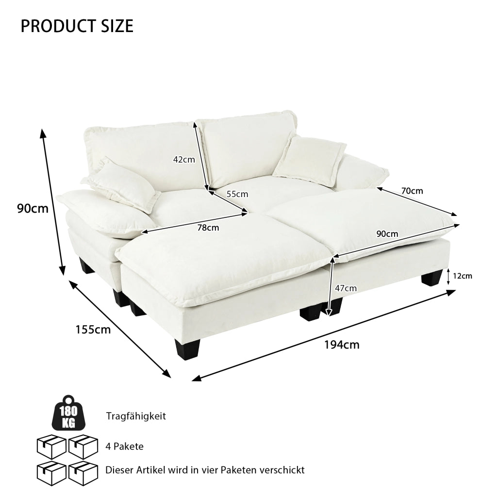 Divano angolare modulare in chenille con braccioli ampi e ottomana mobile per soggiorno e appartamento beige, 194 × 151 × 90 cm