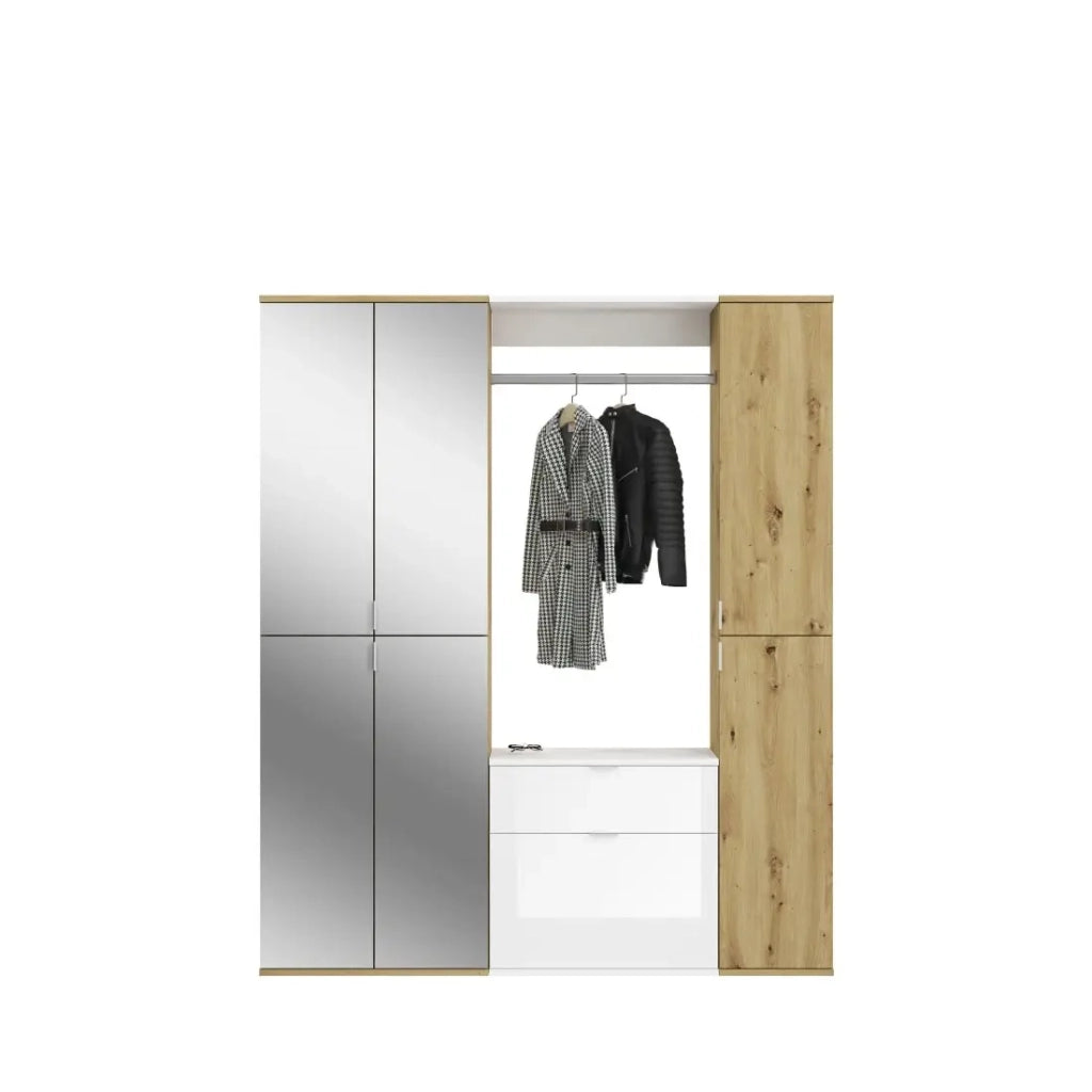 Armadio con 6 ante, 4 specchi, 2 cassetti e un guardaroba - Bianco e rovere - BODITE