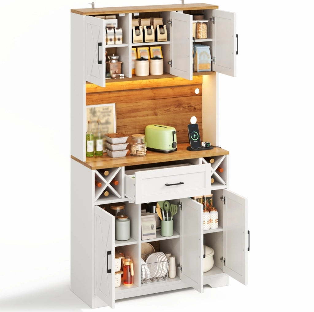 Credenza cucina alta con LED RGB; prese e portasvino; 105x40x180 cm; MDF bianco naturale