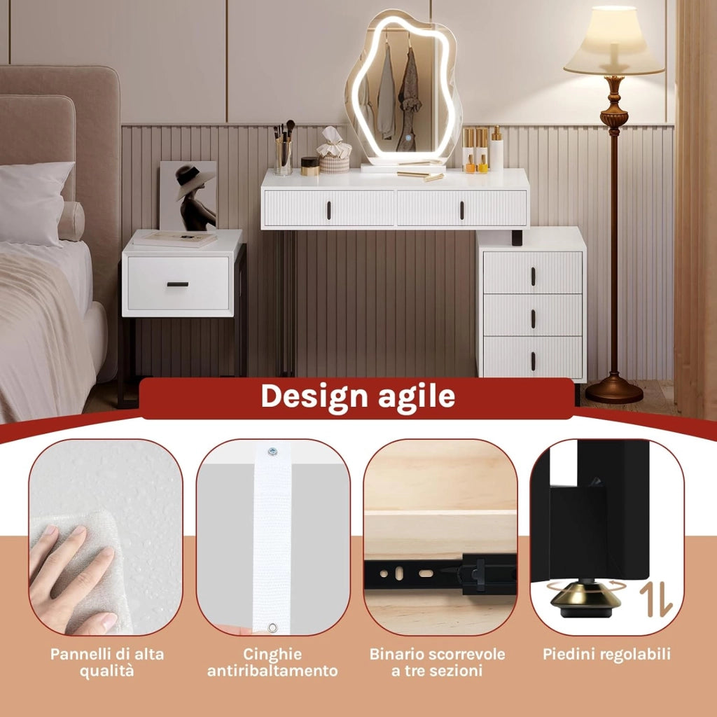 Toeletta con Luce LED, Luminosità Regolabile, Specchio a Nuvola, Piano Lucido, 5 Cassetti in Legno Massiccio, 1 Cassettiera, Moderno, Bianco e Nero, MB6118ws