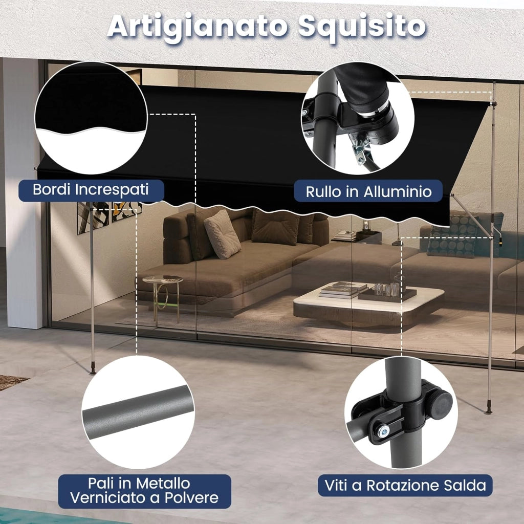 Tenda da Sole a Morsetto, Regolabile in Altezza e Inclinazione con Manovella, Telo Impermeabile e Resistente ai Raggi Solari e Telaio Antiruggine, Tenda Retrattile Senza Foratura (4M,Nero)