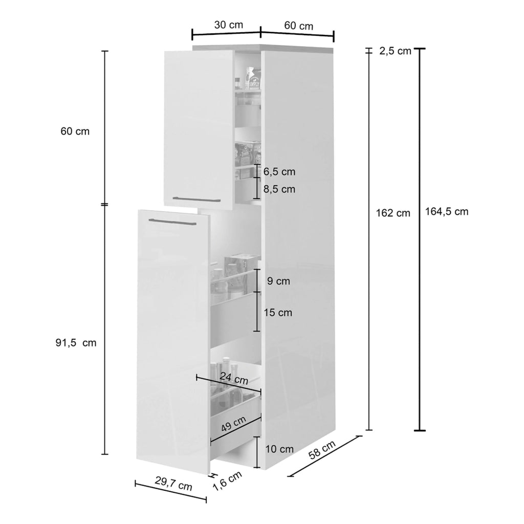 Dispensa da cucina Atrax, Mobile multiuso, Armadio portaoggetti a 2 cassettoni, 100% Made in Italy, 30x60h165 cm, Bianco lucido e Rovere