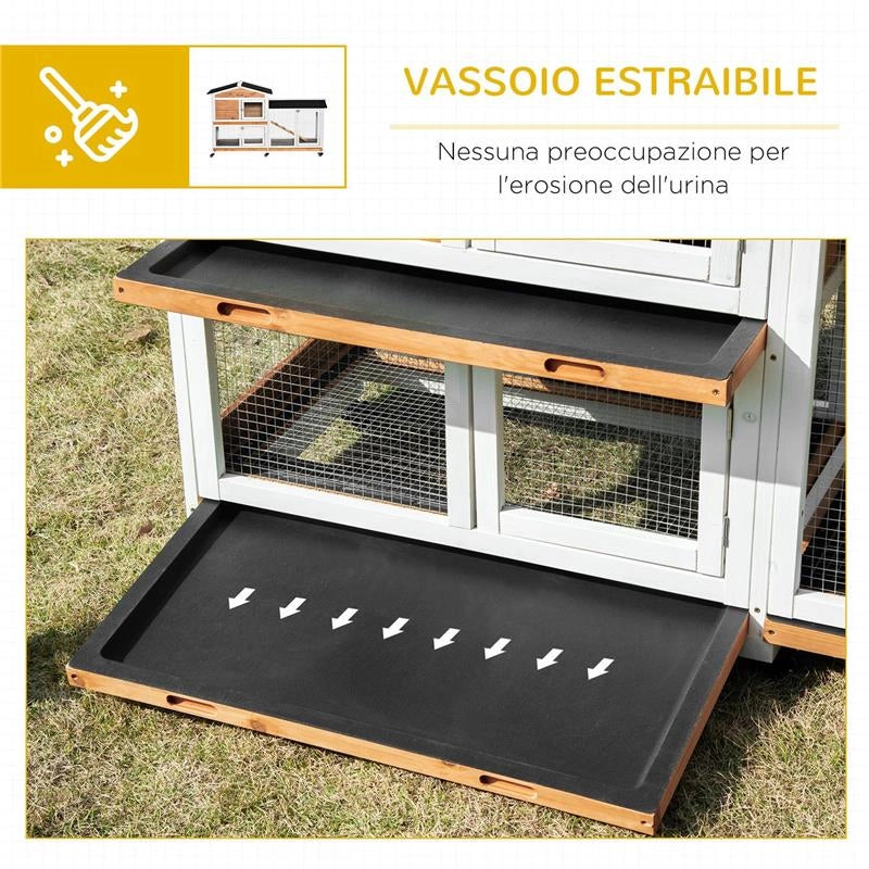 CONIGLIERA A 2 LIVELLI CON RETE PROTETTIVA, IN LEGNO METALLO E BITUME 157.4X53X99.5 CM GIALLO BIANCO E NERO