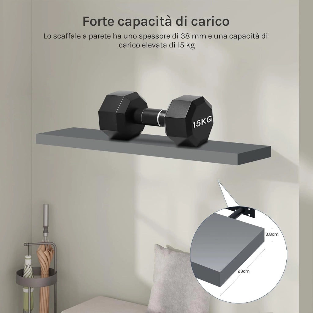 Mensola da Muro, Set di 2, Scaffale Sospeso da Parete Libreria Piccola per Soggiorno Cameretta Porta CD DVD, Pannello MDF 100x22,9x3,8cm, Grigio Lucido, RG9482gr-2