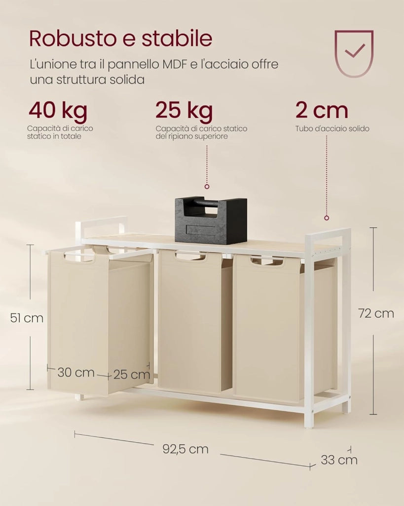VASAGLE Cesto Portabiancheria, Porta Biancheria, 3 Sacchi in Tessuto Rimovibili, Piano d’Appoggio, Metallo, 3 x 40 L, 92,5 x 33 x 72 cm, Beige Cappuccino e Beige Naturale BLH301LH01