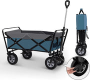 Carrello da Giardino Pieghevole, con Maniglia Regolabile, Carrello da Spiaggia Portatile con Tasche Laterali per Spesa, Picnic, Adatto a Vari Suoli, Portata 80 kg, Blu+Grigio