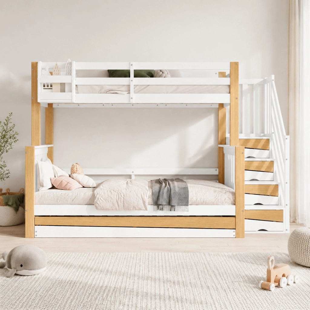 DESMIU Lit a castello 90 × 200 cm e 120 × 200 cm 3 posti con letto estraibile, scala e ripiano, senza materasso