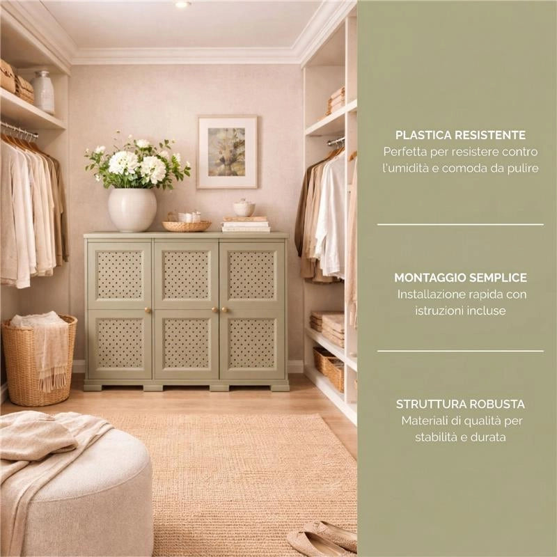 ARMADIO 3 ANTE TALPA 118X43X85,5 CM CON PUNTALI E ANTE TRAFORATE, CONTENITORE MULTIUSO PER INGRESSO E ZONA GIORNO
