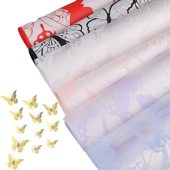 Inpakpapier 30 Velli Waterdicht - Set di Involucri per Fiori - Set di Carta per Cadeau - Involucri per Festa di Compleanno - Involucri per Matrimonio - Incluso 12 Farfalle d'Oro - Set di Carta per Cadeau con 12 Farfalle d'Oro