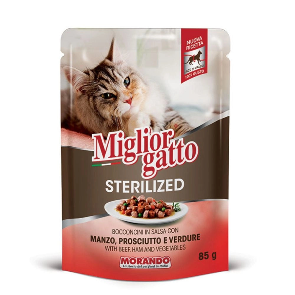 Morando miglior gatto sterilized bocconcini in salsa con manzo, prosciutto e verdure confezione da 24 pezzi