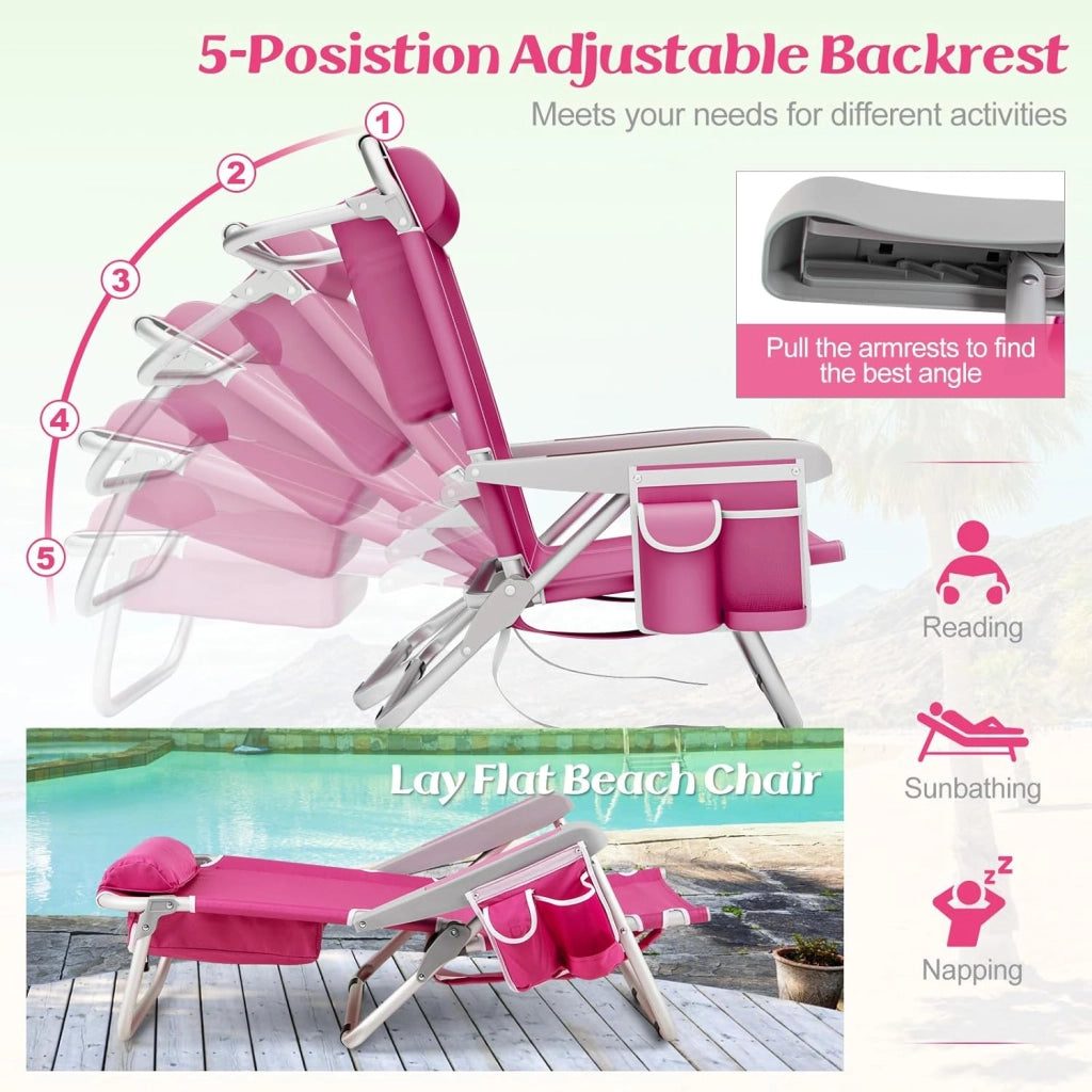 Sedia da Spiaggia Pieghevole, Spiaggina con Schienale Regolabile in 5 Posizioni, Sdraio Mare con Poggiatesta, Lettino Prendisole con Tasca Laterale, Carico 150 kg (Rosa*2)