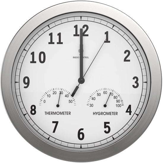 Orologio da Parete con Radio, Preciso, Stile, per Salotto/Cucina/Ufficio, Orologio da Parete, Alluminio, con Termometro Integrato e Umidigrafico - 30,5 cm