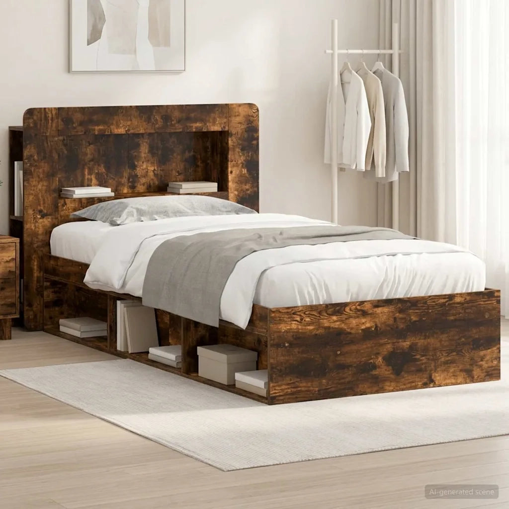 Letto singolo | Letto per adulti | Telaio del letto con storage Rovere Fumo 90 x 200 cm