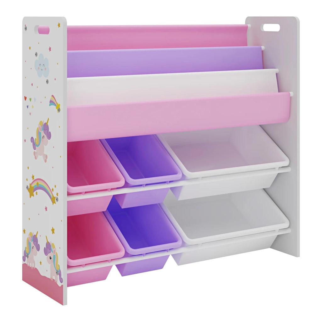 Scaffale dal design senza tempo per soggiorno camera da letto mobiletto per bambini con motivo unicorno 78 x 86 x 27 cm bianco viola rosa 03_0011213