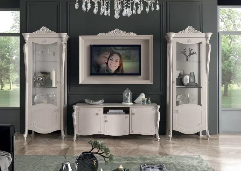 Parete attrezzata in legno shabby chic rilievo bianco opaco - Mobili 2G