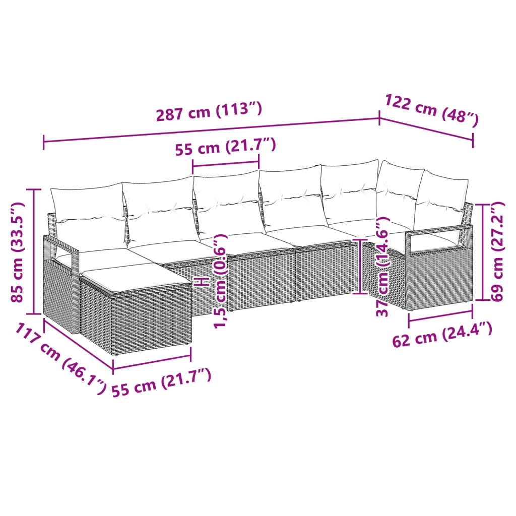 Set divano da giardino 7 pezzi con cuscini in rattan poly nero