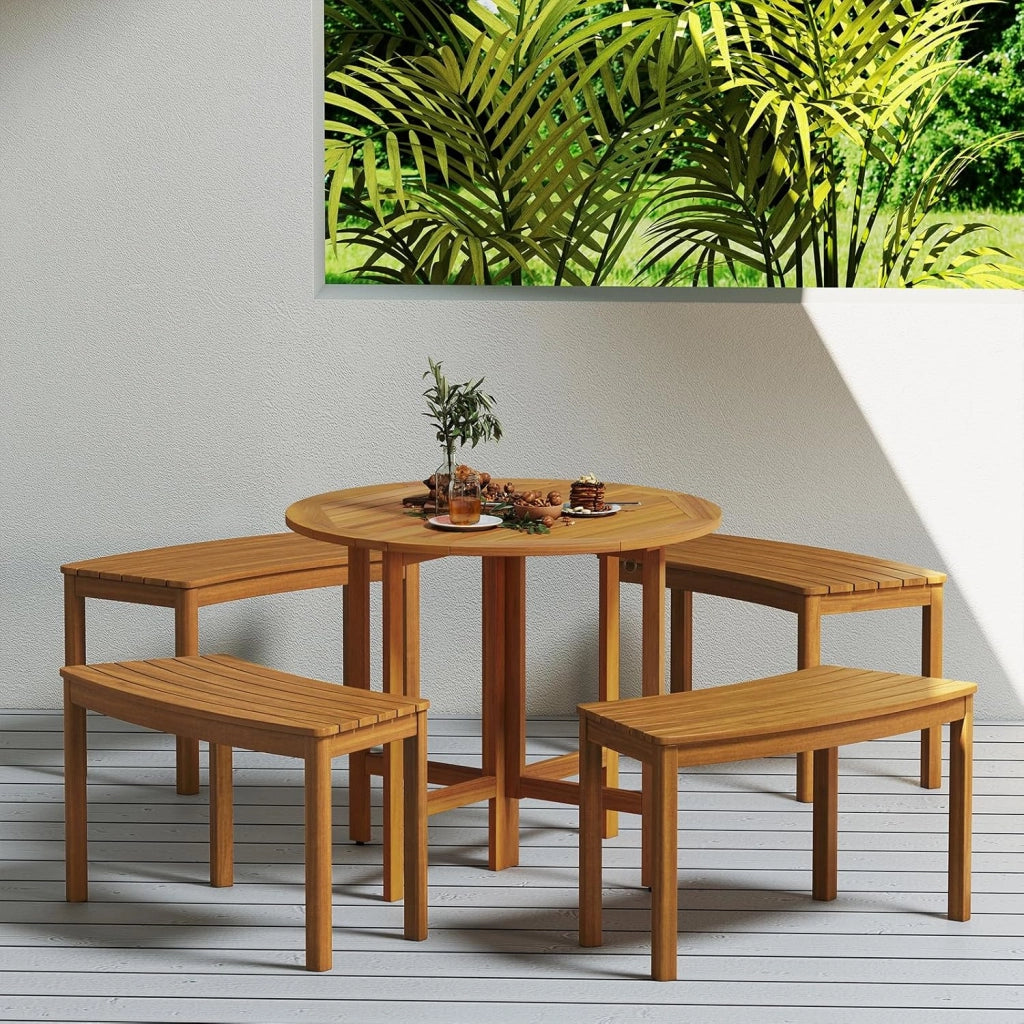 Set da 2 Panchine Curve in Legno di Acacia, Panchina Senza Schienale con Portata 360, Panca da Esterno per Veranda, Terrazza, Giardino e Fuoco da Campo (4)