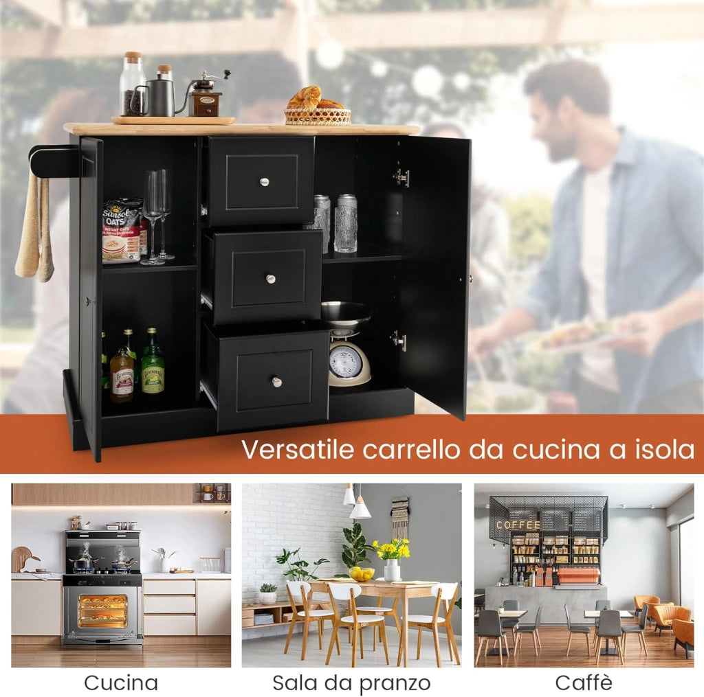 Carrello da Cucina Con Rotelle Nascoste, Isola in Legno Con 3 Cassetti e 2 Armadietti, Credenza Con Barra Laterale per Asciugamani e Portaspezie, 127x46x91,5cm (Nero)