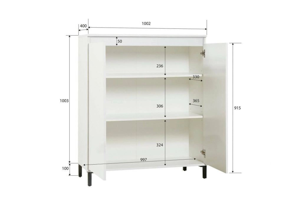 Credenza Iwao, Buffet da soggiorno, Madia da salotto, Dispensa da cucina, Made in Italy, 100x40h110 cm, Bianco lucido e Antracite