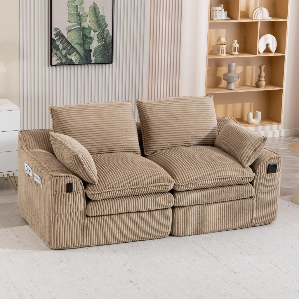 Divano a 2 posti imbottito in velluto a coste kaki con cuscini e tasche laterali doppie 191 × 94 × 85 cm