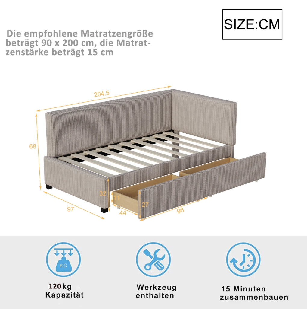 Divano letto a una piazza 90x200 cm in velluto grigio con 2 cassetti e rete a doghe