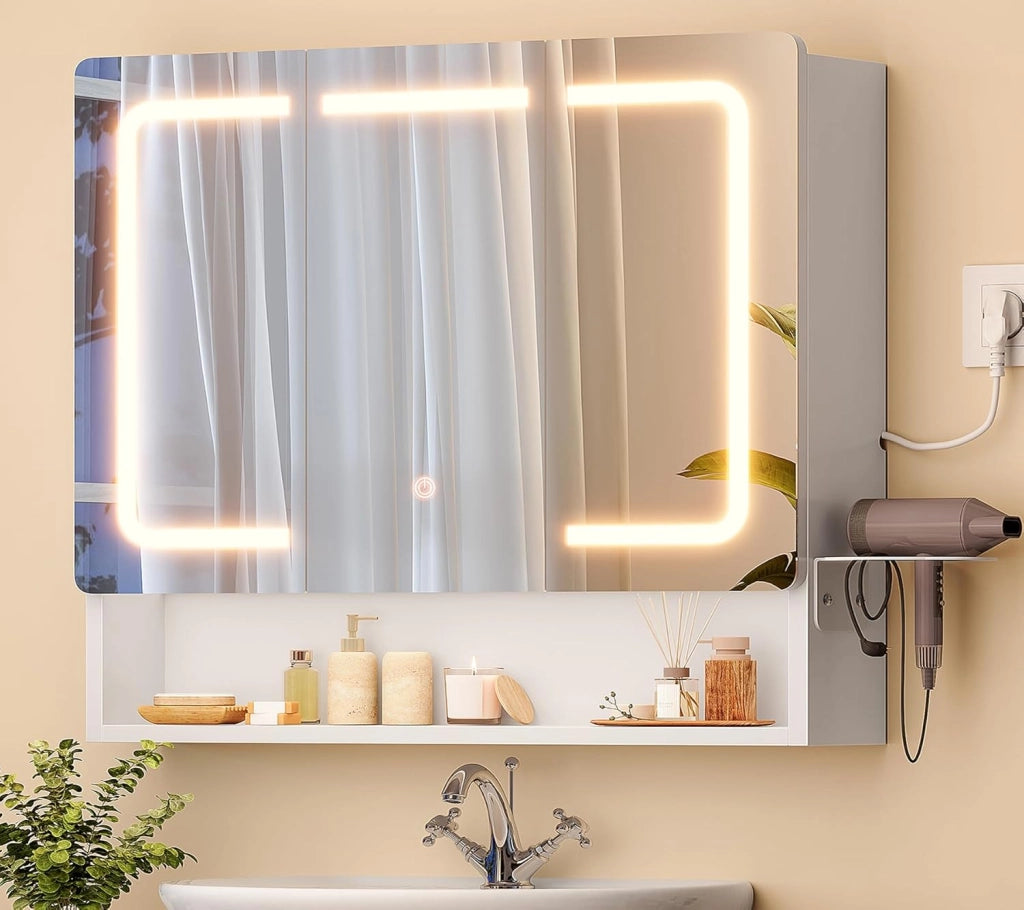 Specchio Bagno Contenitore con Luce LED e Presa Elettrica, Mobile Bagno a Specchio con 3 Ante e Gancio Asciugacapelli, 3 Temperature di Luce Dimmerabili a Touch, Ripiani Regolabili, Bianco