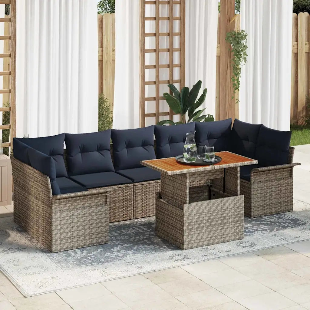 Set Divano da Giardino 8 pcs Grigio e Blu Navy polyrattan