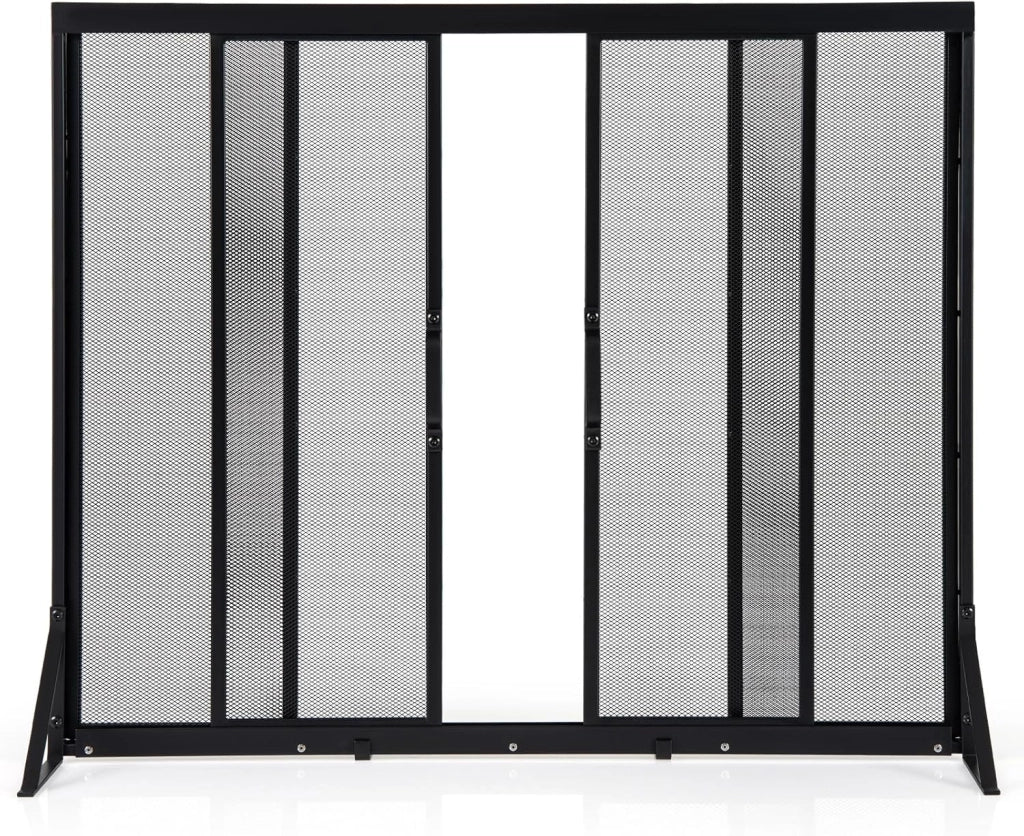 Griglia Parascintille Camino con 2 Pannelli Scorrevoli, Maniglie Convenienti e Telai di Supporto a Triangolo, Ventilazione Eccellente, Schermo per Camino in Rete Metallica (96 x 79 cm)