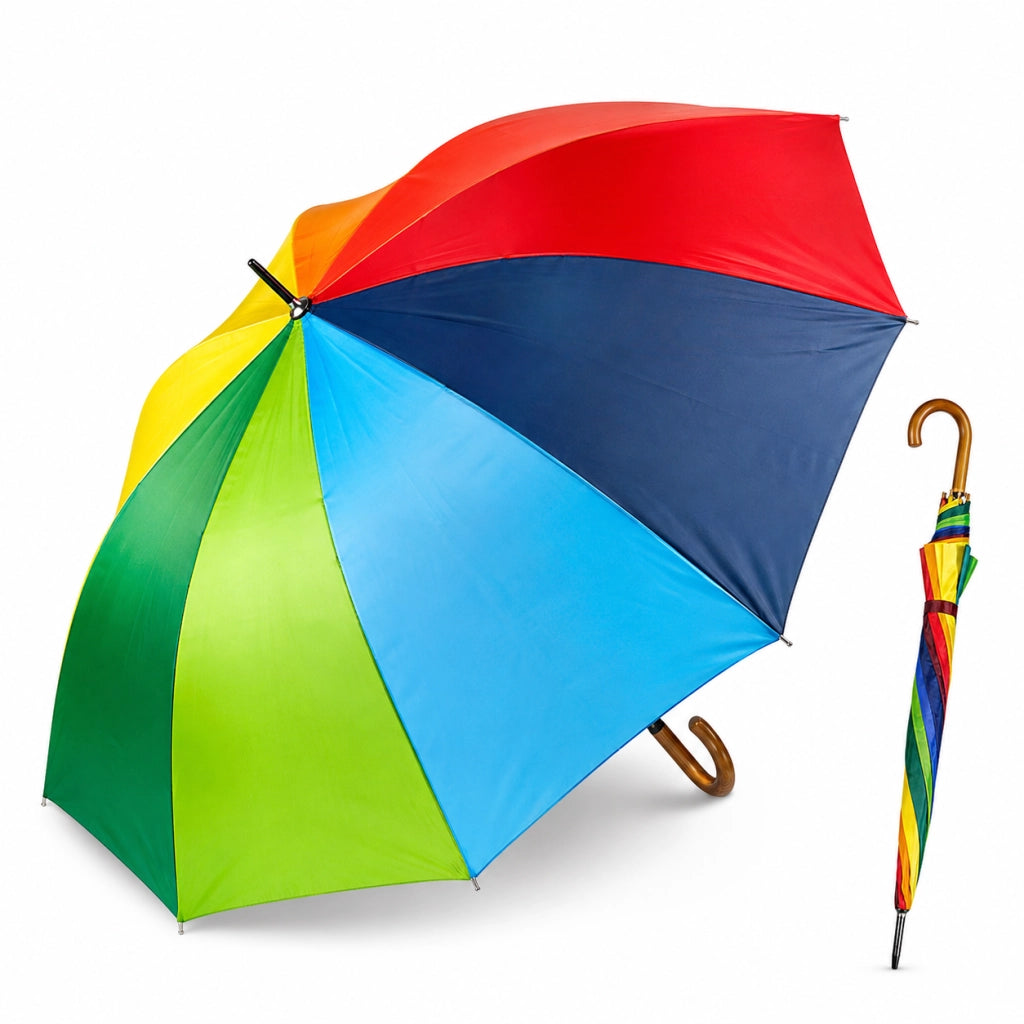 Kit 5 Ombrelli Automatici Arcobaleno 8 Stecche Antivento Manico Curvo 113 cm