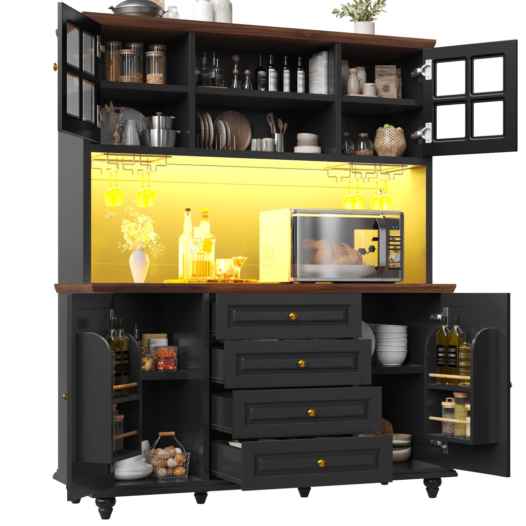 Credenza alta con 4 cassetti e LED RGB - per cucina - nera - 140x40x179.5 cm