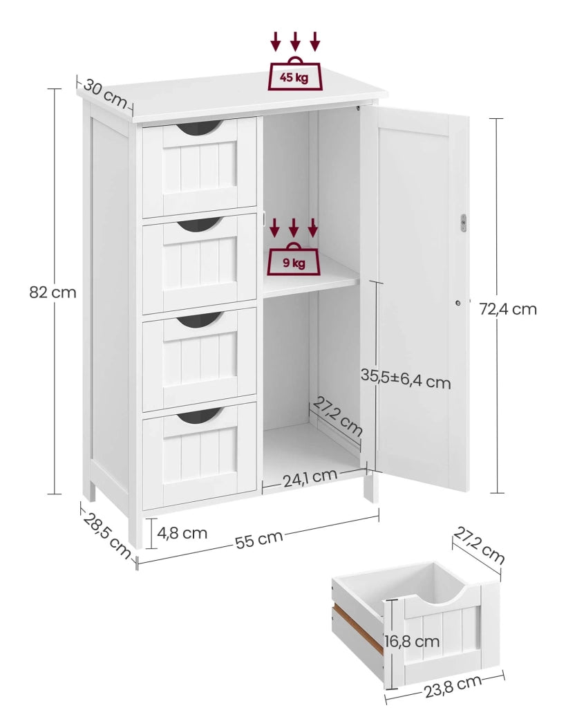 Mobiletto da bagno indipendente 55 x 30 x 81 cm mobile contenitore con 4 cassetti anta singola ripiano regolabile per soggiorno cucina e corridoio bianco 12_0006497